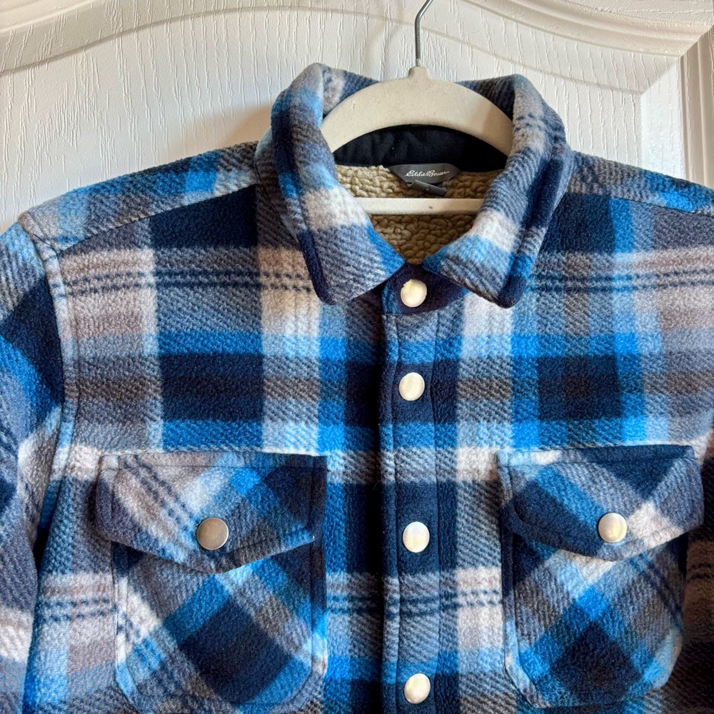 Boys Eddie Bauer Flannel Blue Plaid Sherpa Lined  size 10/12 - Picture 2 of 8